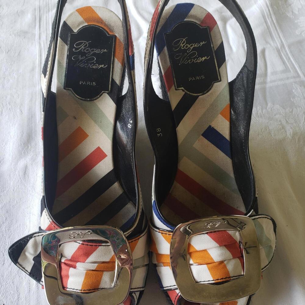 Roger Vivier Multicolor Striped Wedges with Silver Buckle